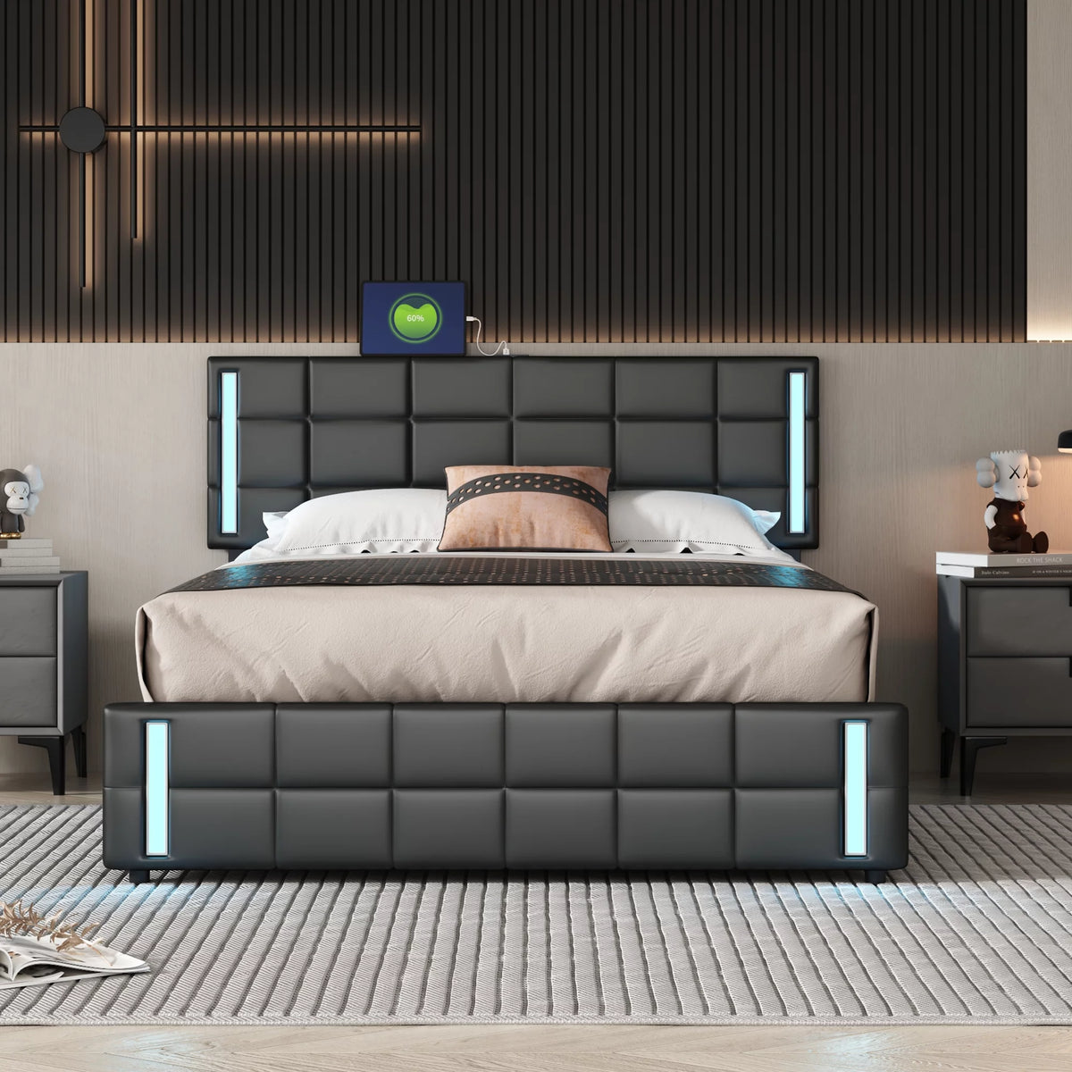 Queen Size Upholstered Platform Bed with LED Lights and USB Charging, Storage Bed with 4 Drawers, Black U66895