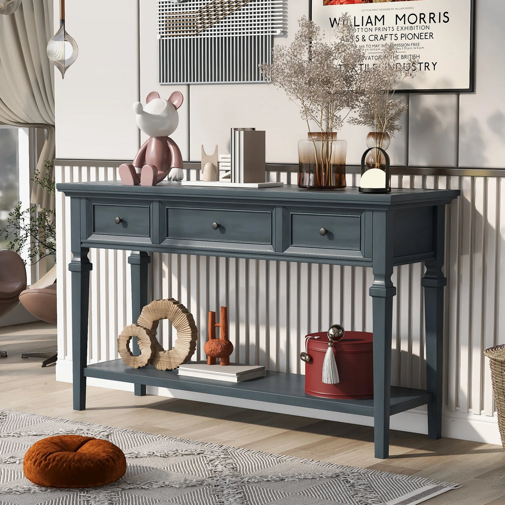 Navy Wooden Console Table with 3 Drawers and Open Shelf U365897