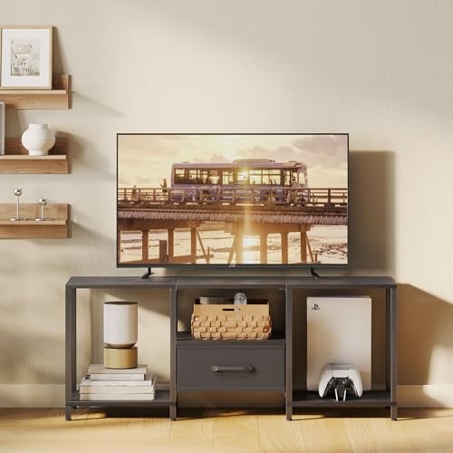 Black TV Stand with Fabric Drawer and Open Shelves Q395