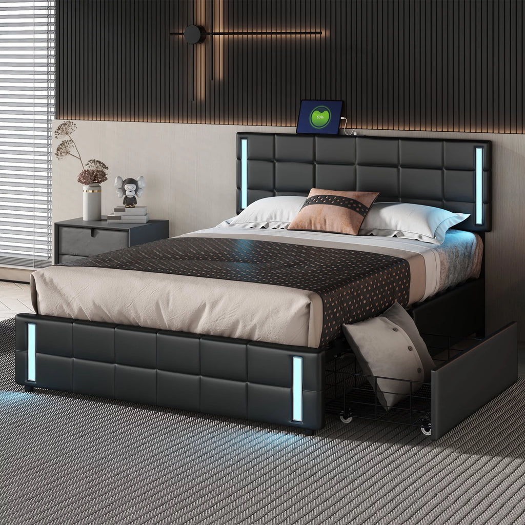 Queen Size Upholstered Platform Bed with LED Lights and USB Charging, Storage Bed with 4 Drawers, Black U66895