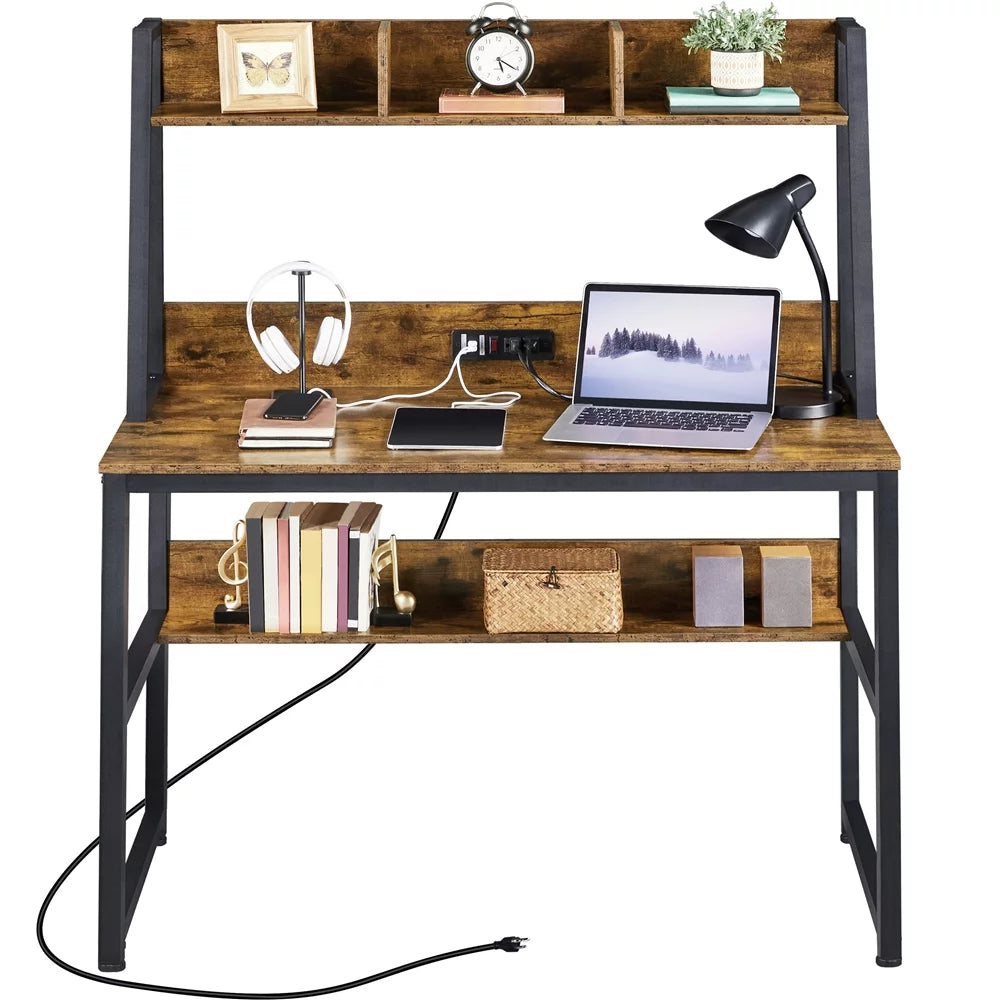 47.5-inch Laptop Computer Desk with Power Outlet and Bookshelf E942508