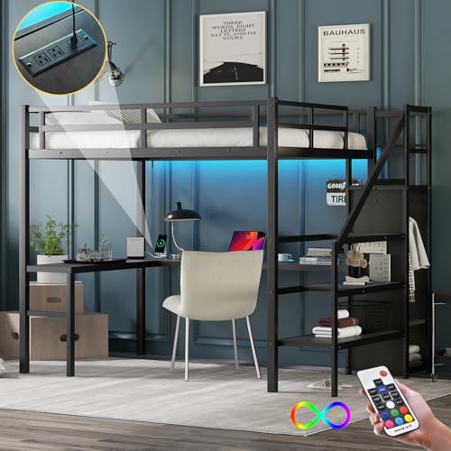 Twin XL Black Metal Loft Bed with Desk U8572