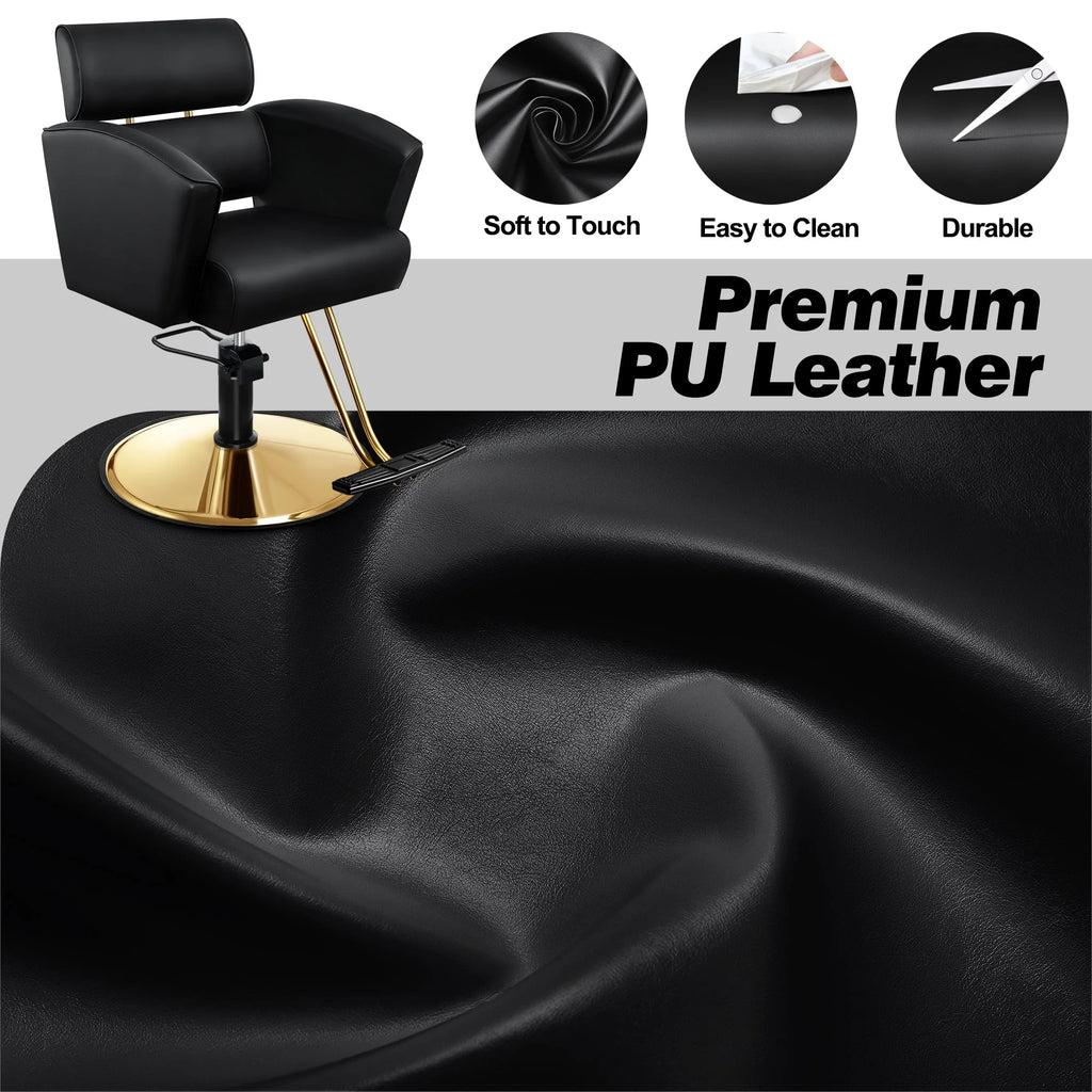 Gold Salon Chair with Black Leather Upholstery and Adjustable Height Q72956