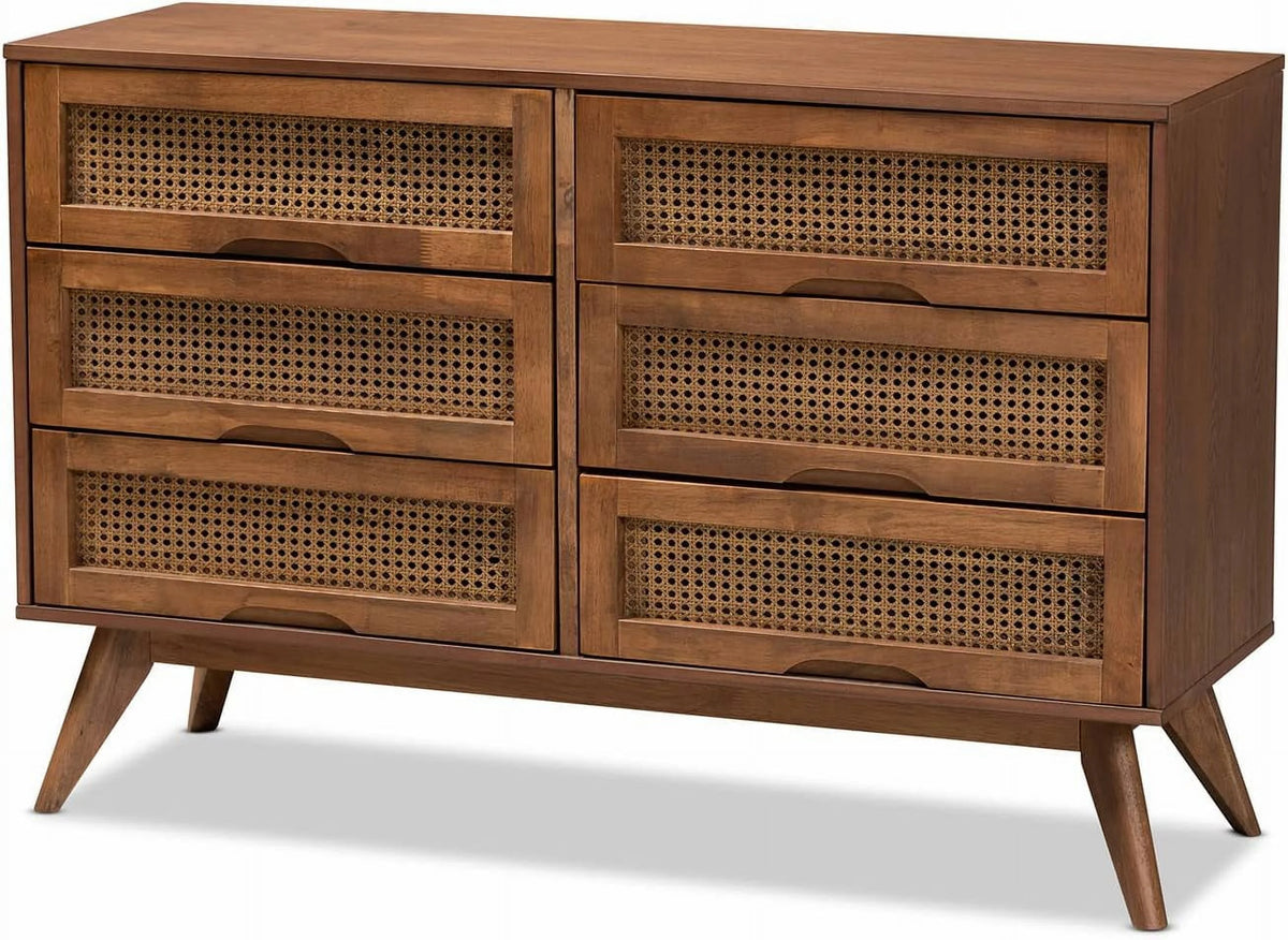 Walnut Brown Wood and Synthetic Rattan 6-Drawer Dresser W766