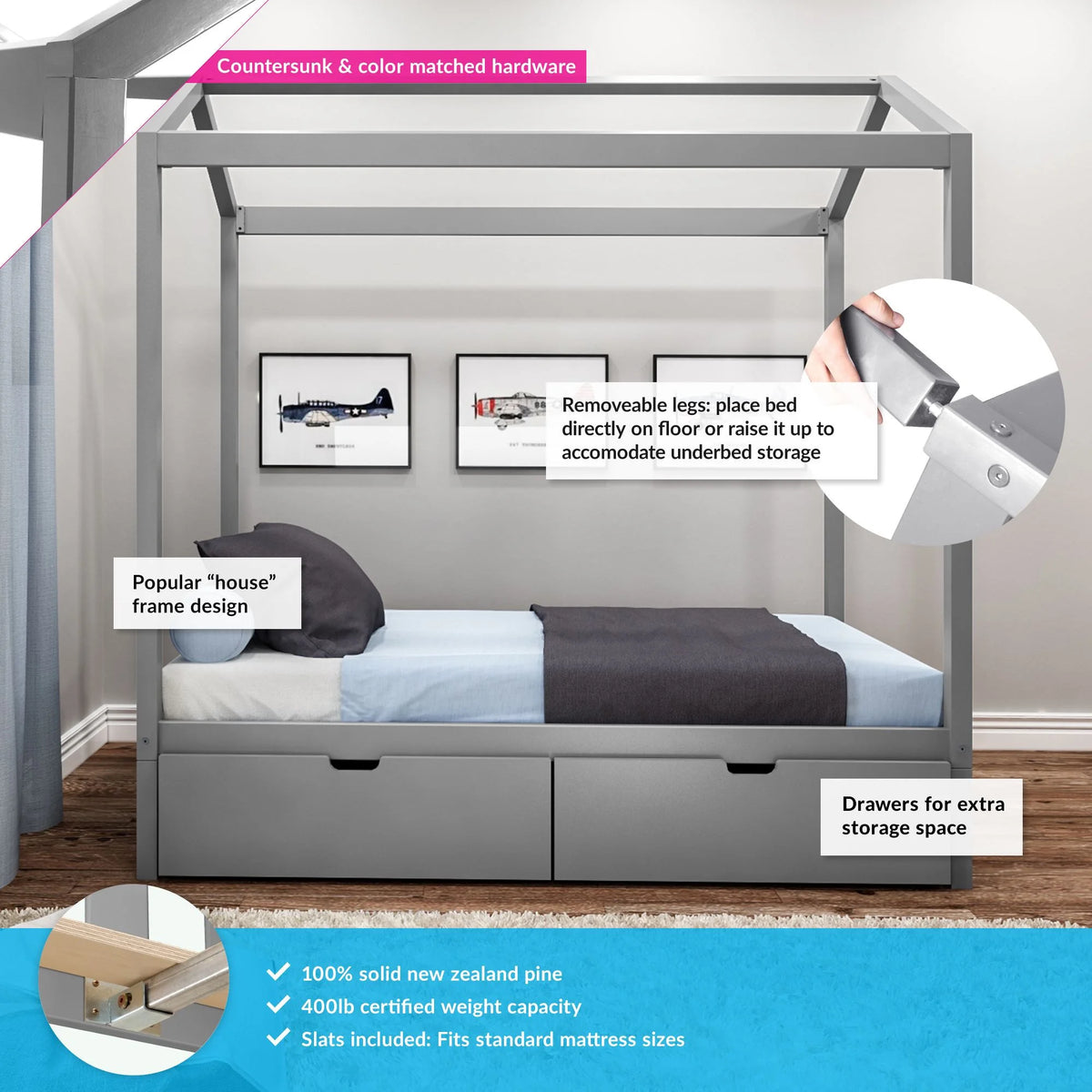 Twin Size Grey Wooden House Bed Frame with Storage Drawers Q23089
