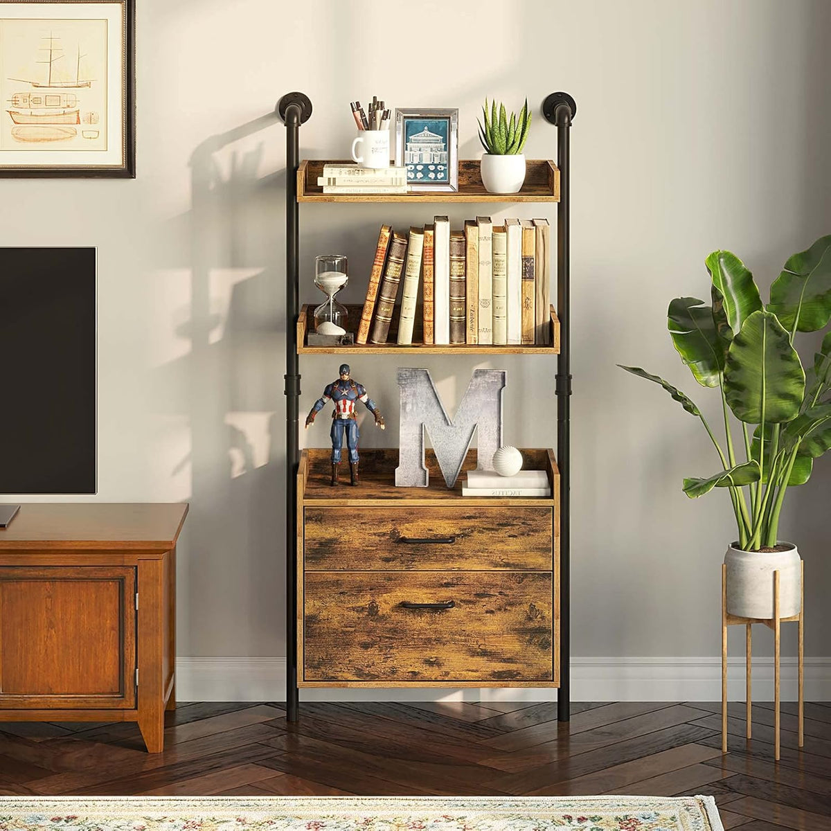 Industrial 4-Tier Bookshelf with 2 Wood Drawers U6164