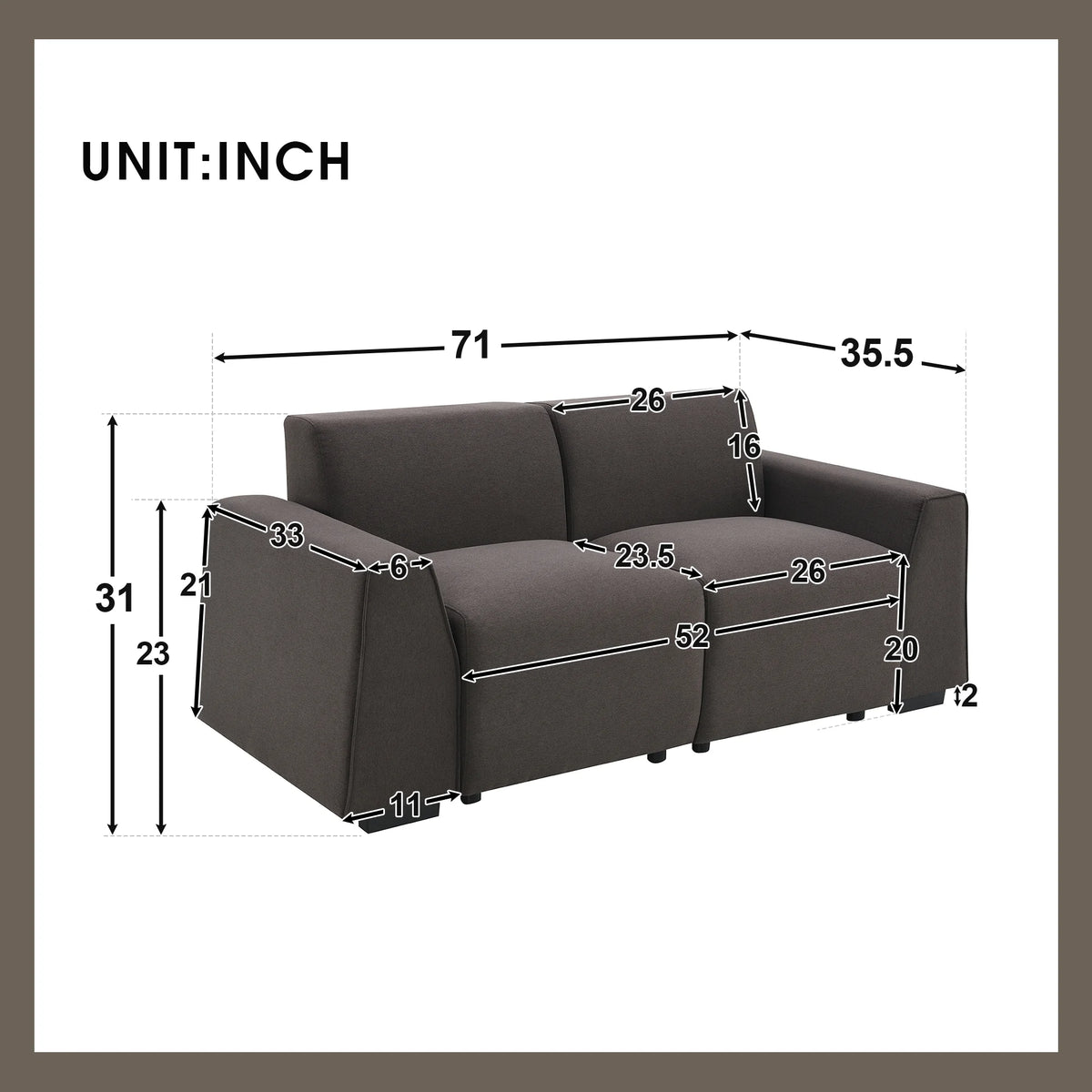 70" Linen Fabric 3 Seater Sofa with Wide Armrests I323