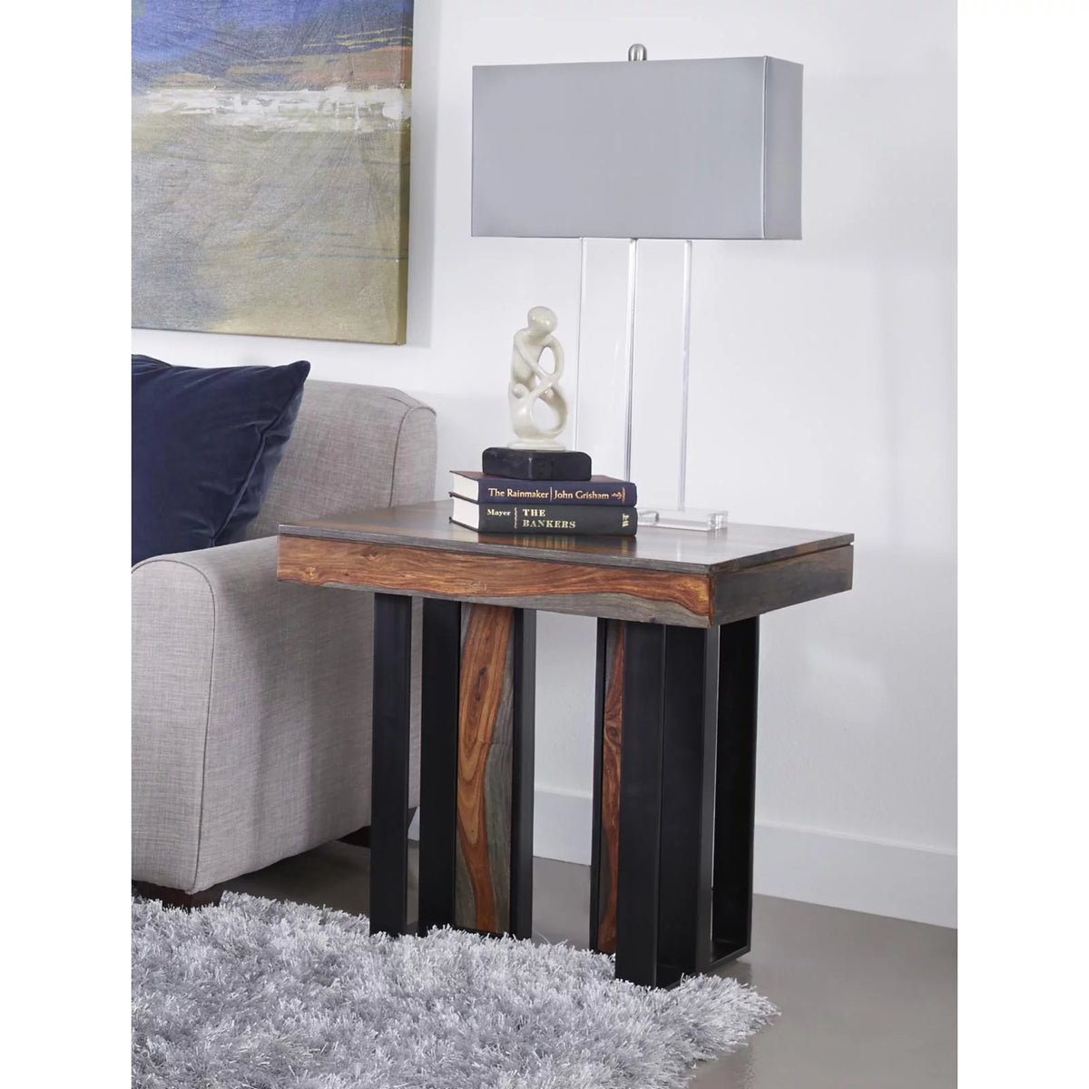 Sheesham Wood & Iron Metal End Table in Brown L16112