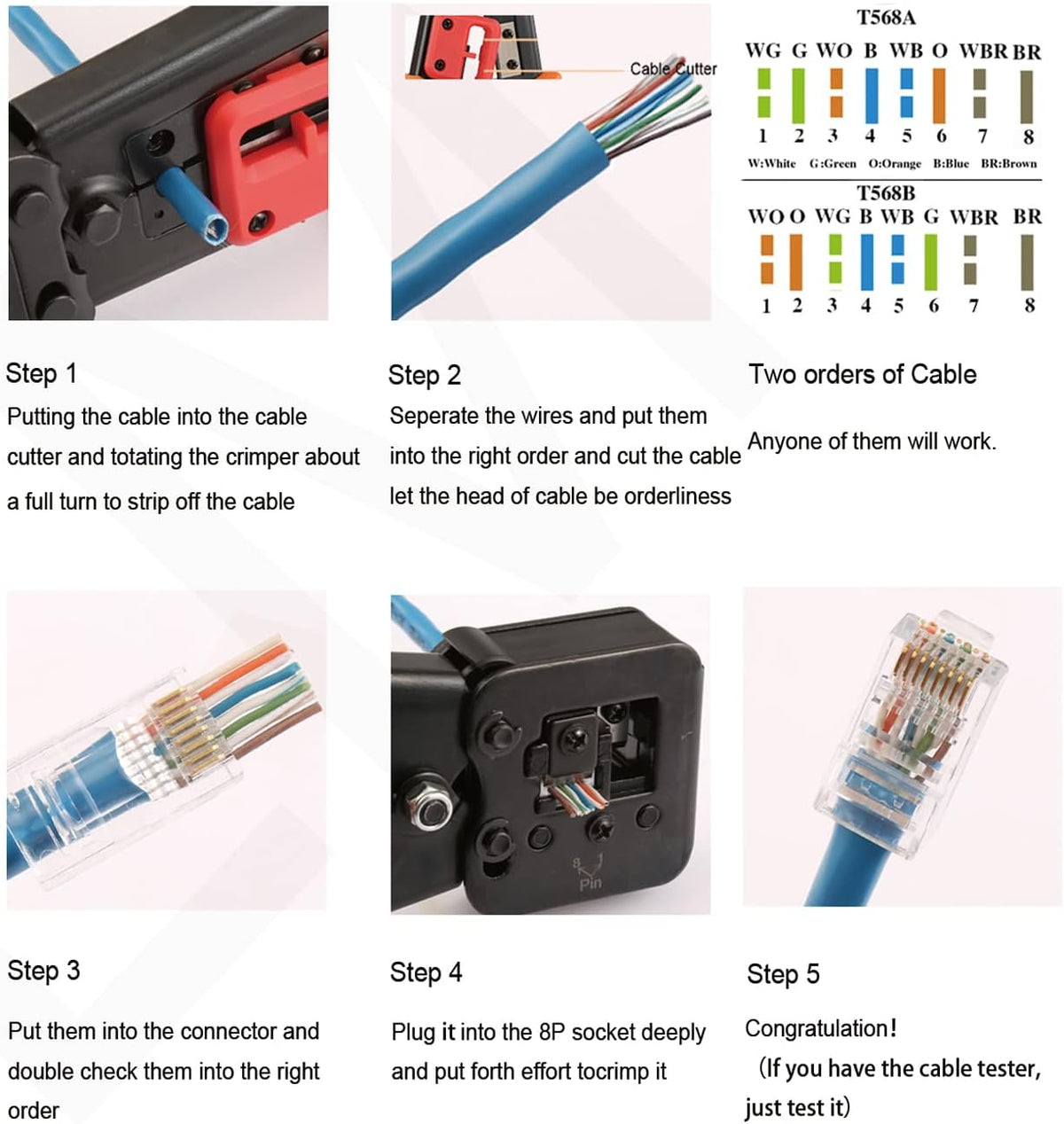 RJ45 Crimp Tool Kit with 50PCS Connectors Cable Tester Z469664