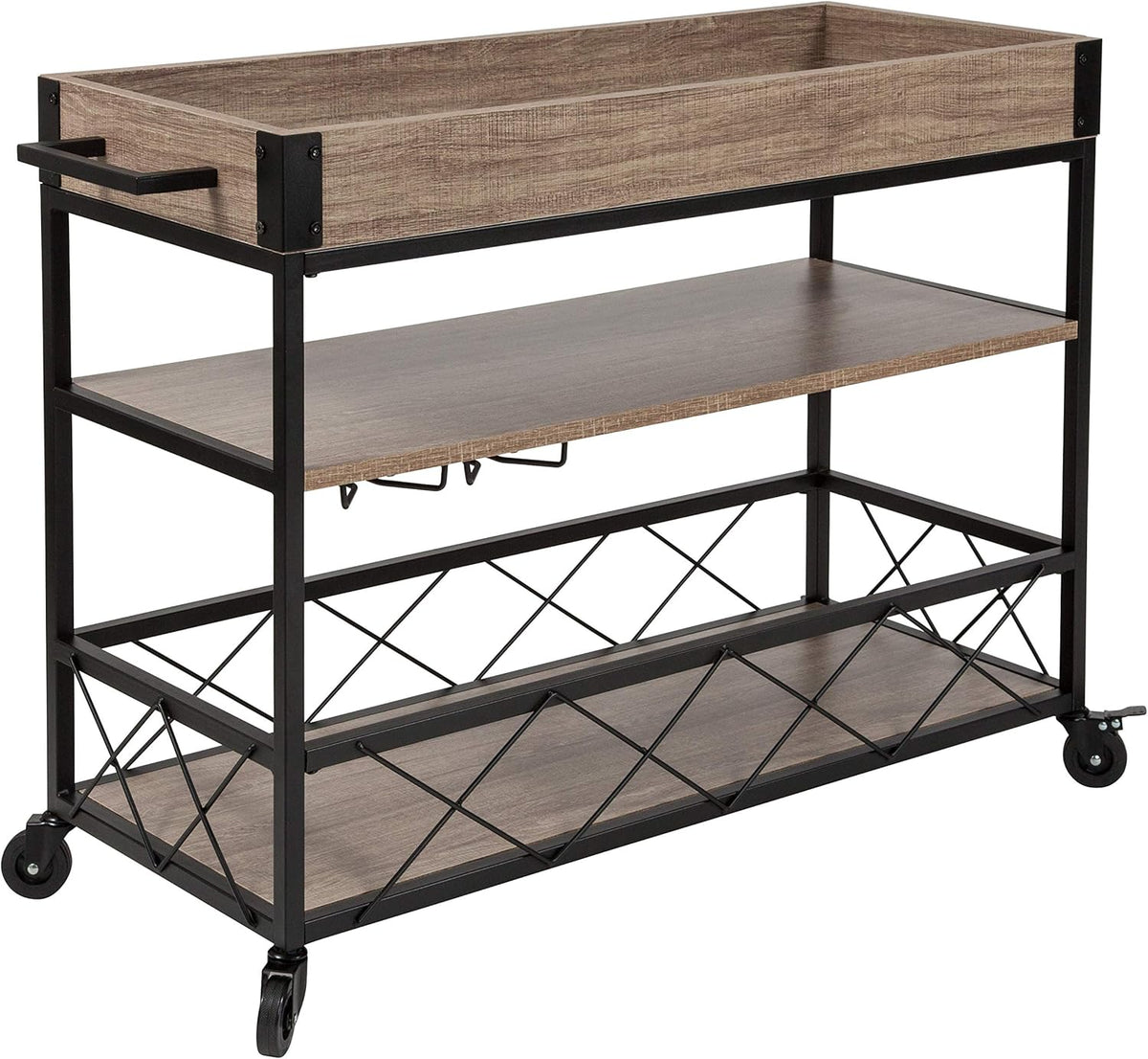 Light Oak Wood Kitchen Bar Cart with Storage Rack and Shelf O85391