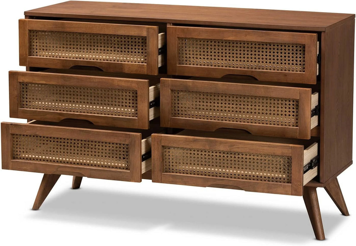 Walnut Brown Wood and Synthetic Rattan 6-Drawer Dresser W766