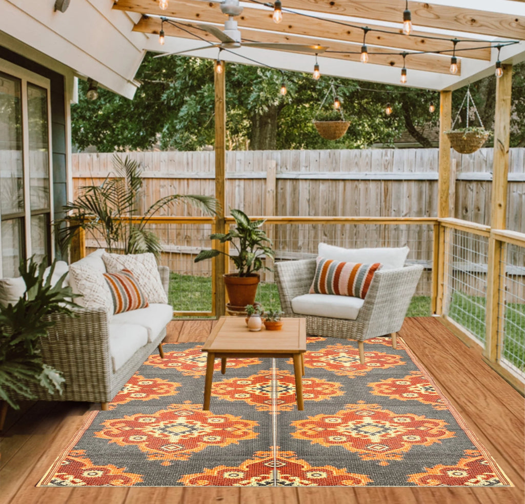 Orange Lt Yellow Lt Grey Black Reversible Outdoor Rugs D6612