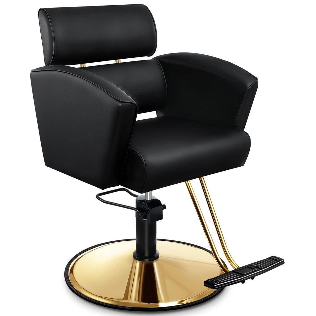 Gold Salon Chair with Black Leather Upholstery and Adjustable Height Q72956