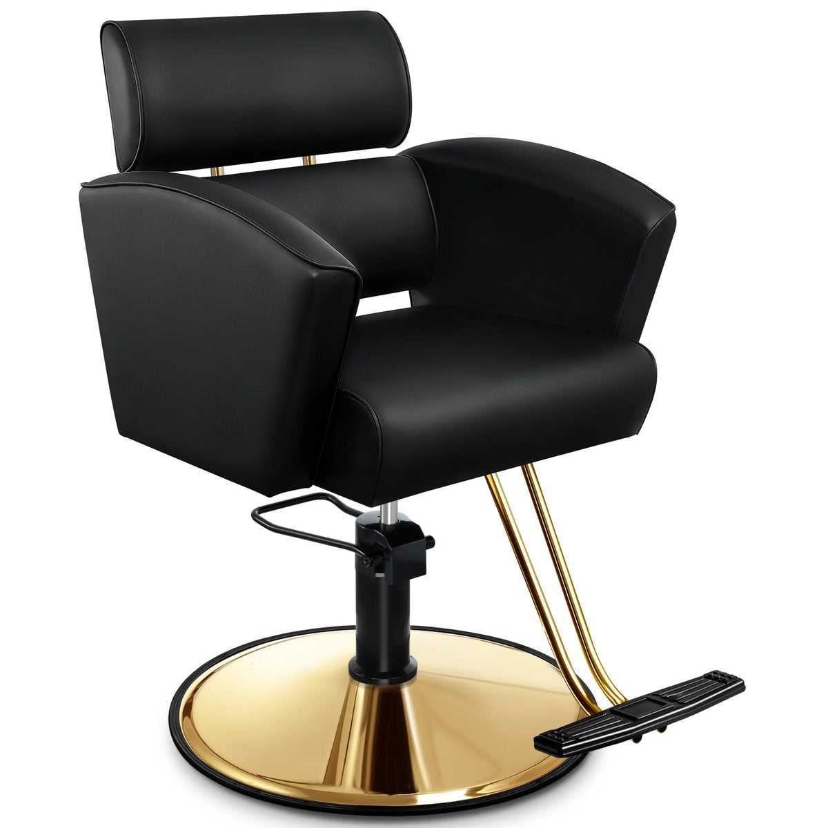 Gold Salon Chair with Black Leather Upholstery and Adjustable Height Q72956