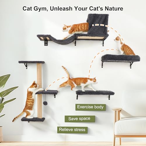 4 in 1 Wooden Cat Wall Shelves with Scratching Post E97678