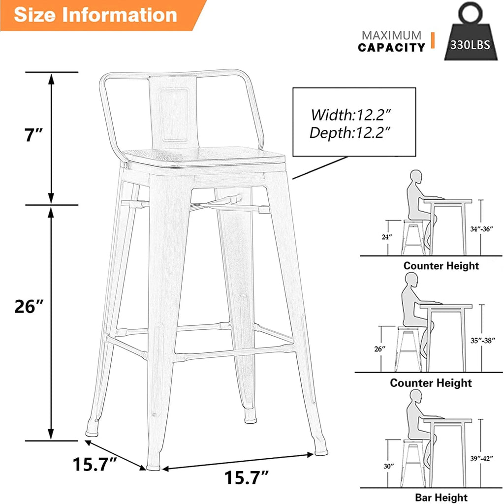 24 Metal Barstools Set of 4 Counter Height with Back D18557