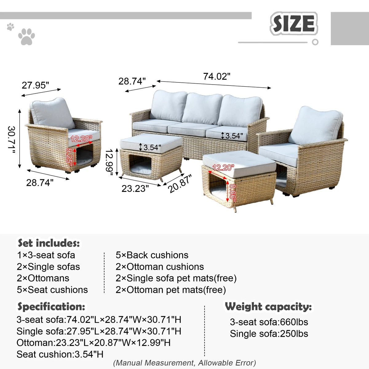 5 Pieces All Weather Wicker Patio Sectional Sofa Set with Storage Box D7130