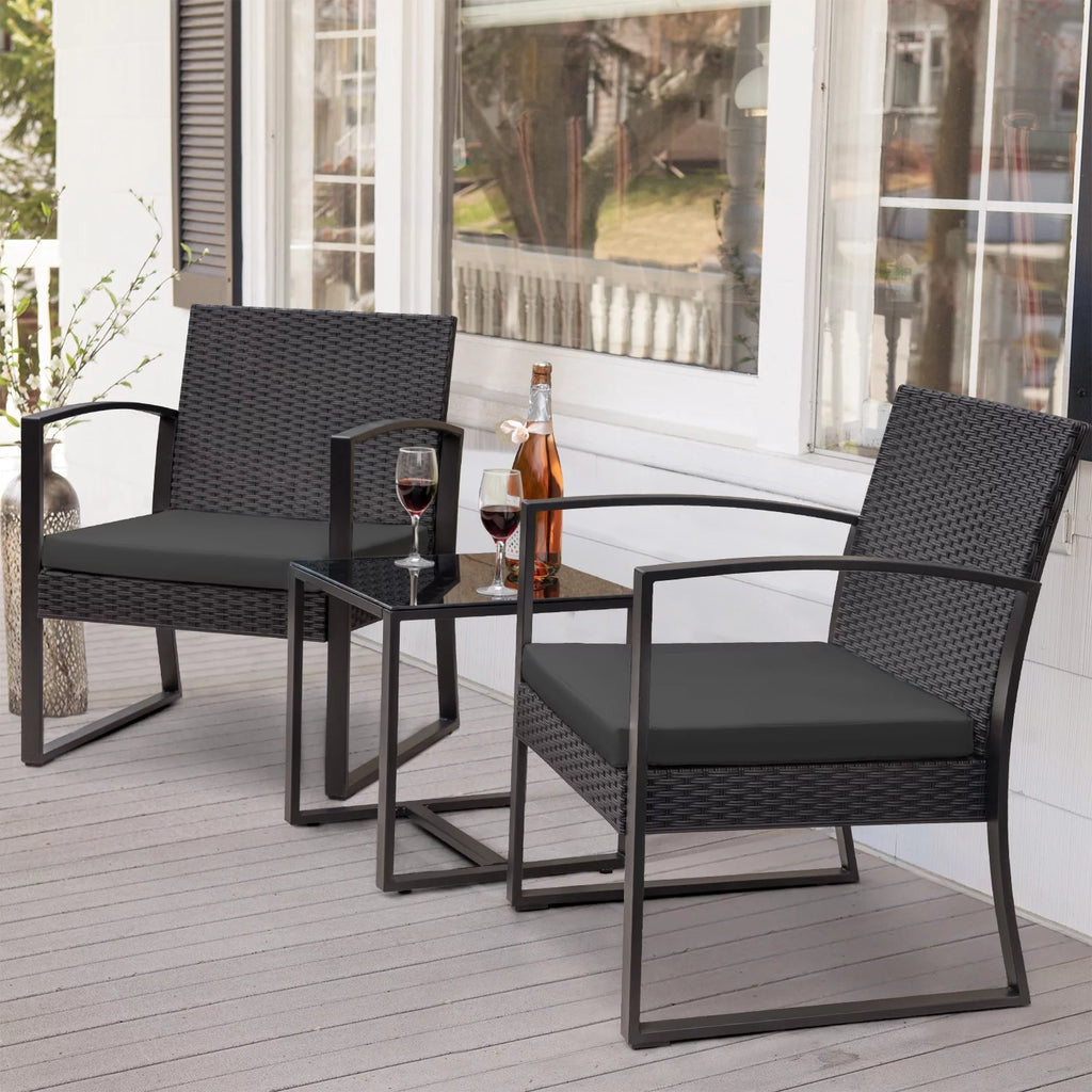 3 Pieces Outdoor Plastic Bistro Set with Cushion and Table, Black F24905