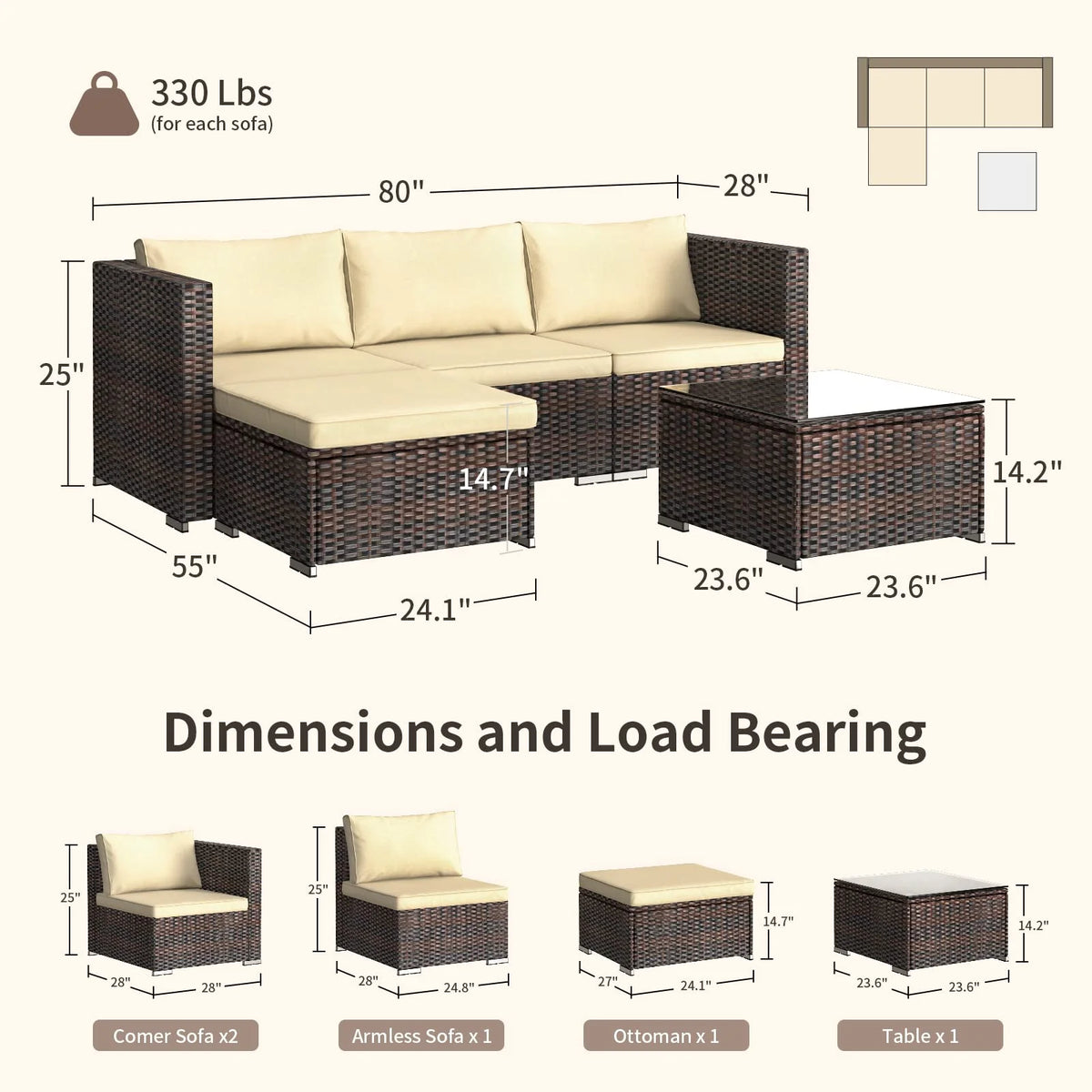 5 Pieces Patio Furniture Set with Sofas and Tempered Glass Coffee Table K2785