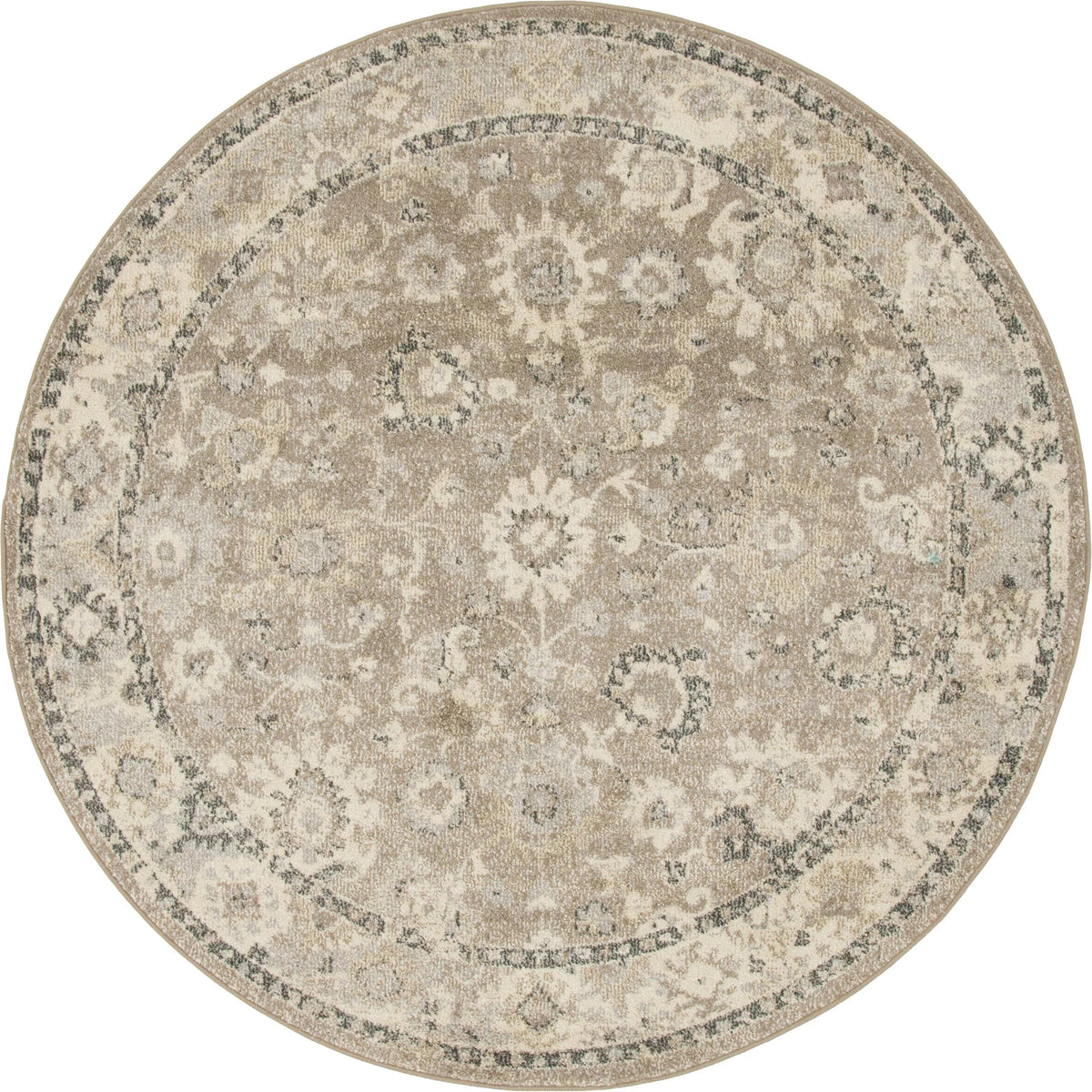 Beige Brown Gray Round Floral Rug T163601