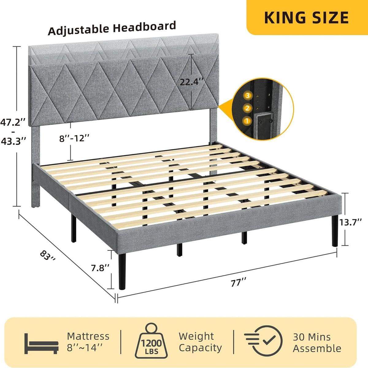 King Size Upholstered Platform Bed with Adjustable Headboard and Under-Bed Storage, Grey K658712