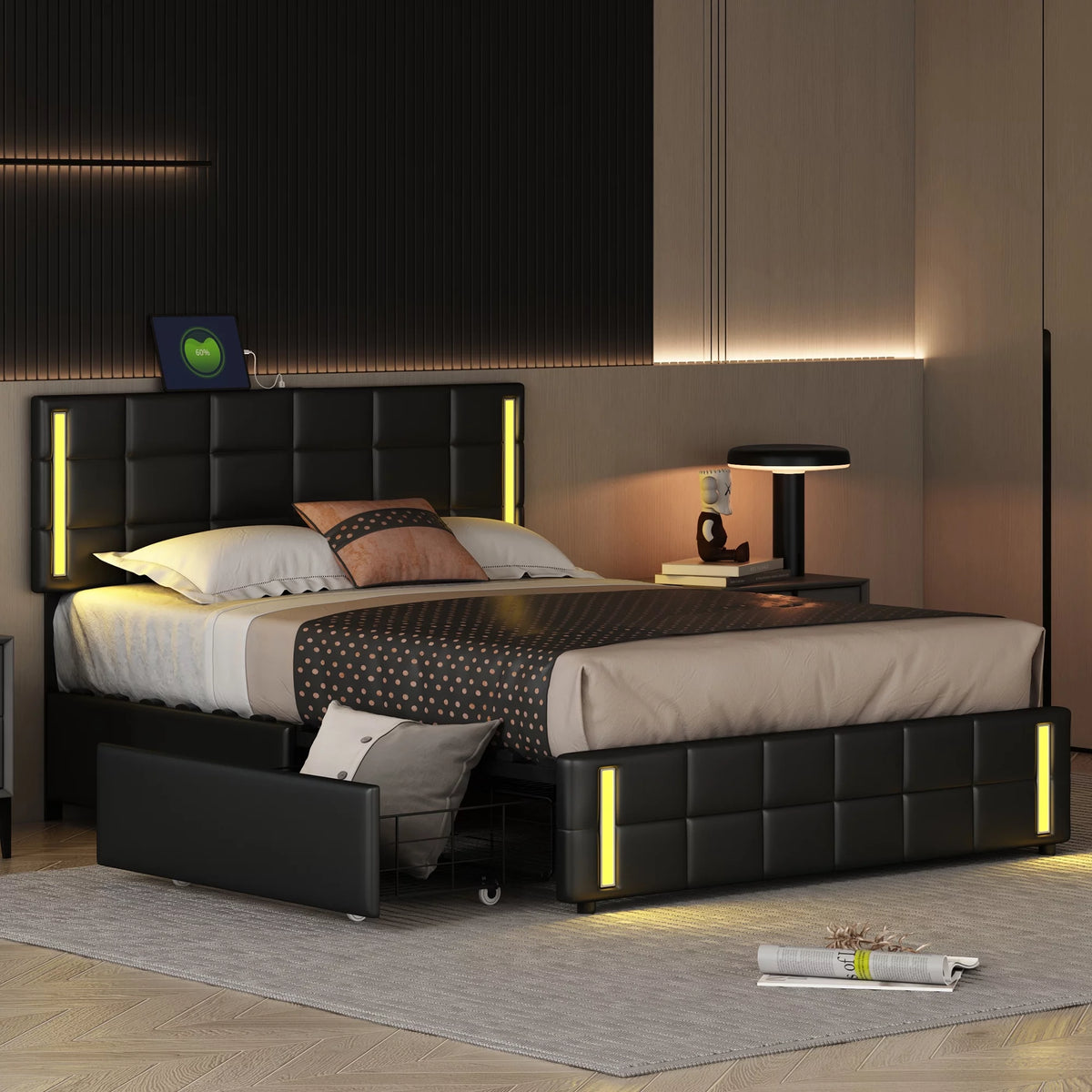 Queen Size Upholstered Platform Bed with LED Lights and USB Charging, Storage Bed with 4 Drawers, Black U66895