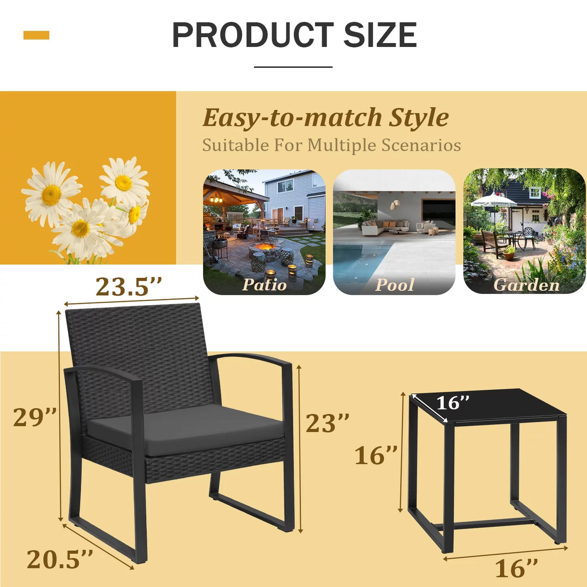 3 Pieces Outdoor Plastic Bistro Set with Cushion and Table, Black F24905