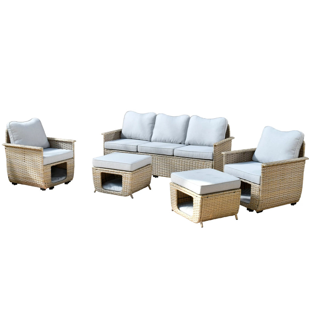 5 Pieces All Weather Wicker Patio Sectional Sofa Set with Storage Box D7130