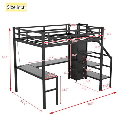 Twin XL Black Metal Loft Bed with Desk U8572