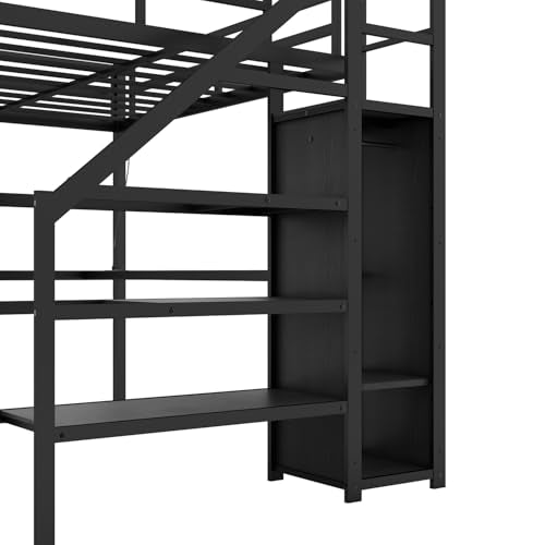 Twin XL Black Metal Loft Bed with Desk U8572