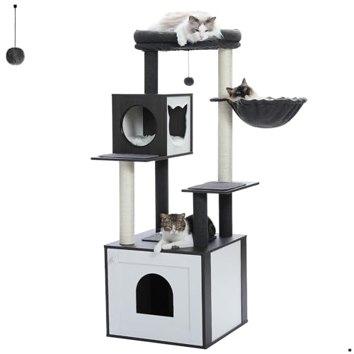 Tall Wooden Cat Tree with Litter Box Enclosure L51739