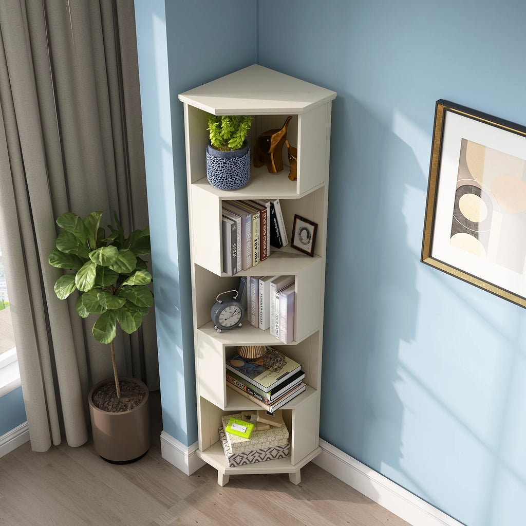 5-Layer Cube Corner Bookshelf Solid Wood Corner Bookcase White K552