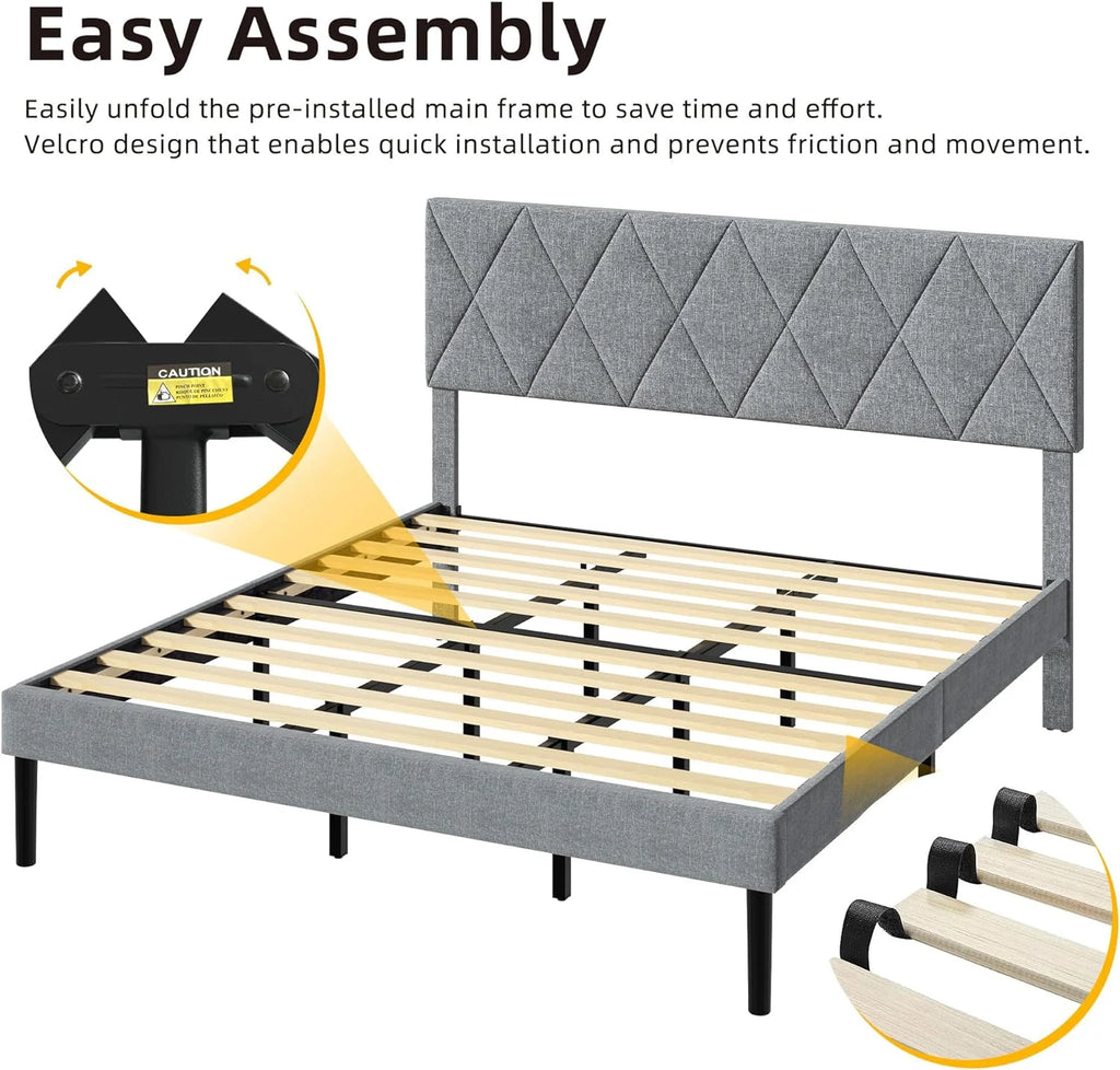 King Size Upholstered Platform Bed with Adjustable Headboard and Under-Bed Storage, Grey K658712