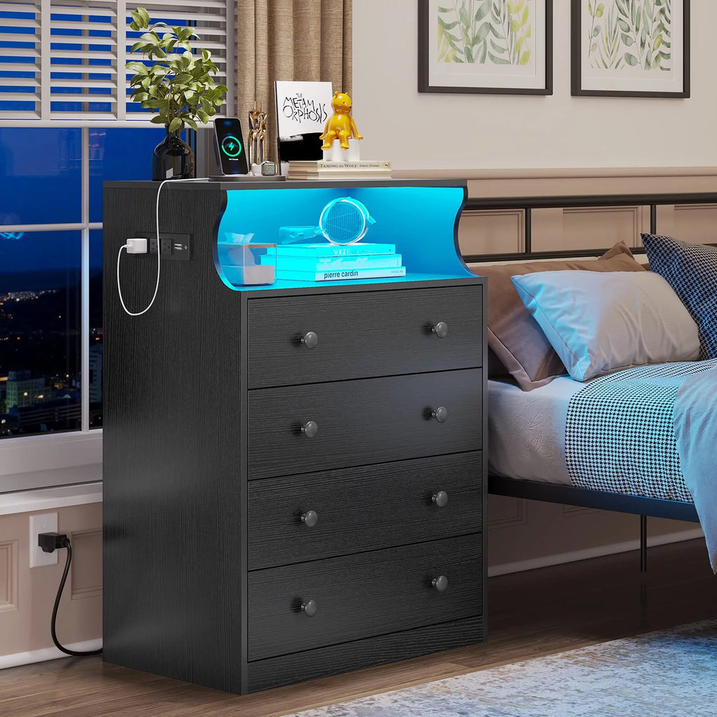 Black 4 Drawer Dresser with LED Lights and Charging Station R989