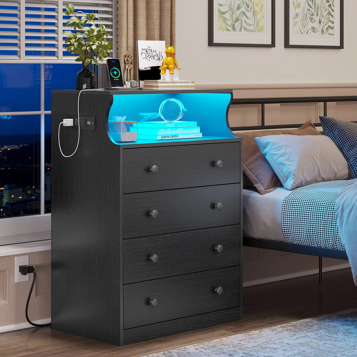 Black 4 Drawer Dresser with LED Lights and Charging Station R989