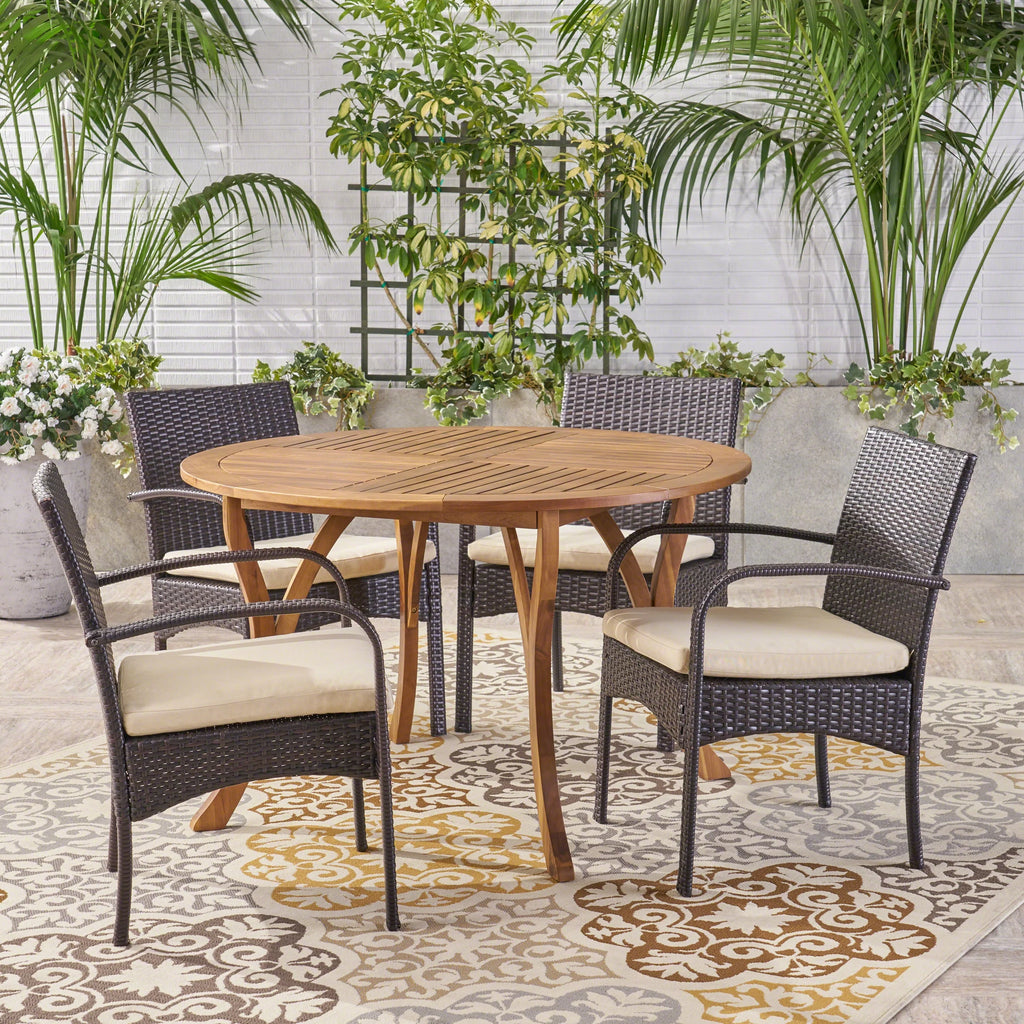 5 Piece Acacia Wood and Wicker Dining Set with Cushions F413