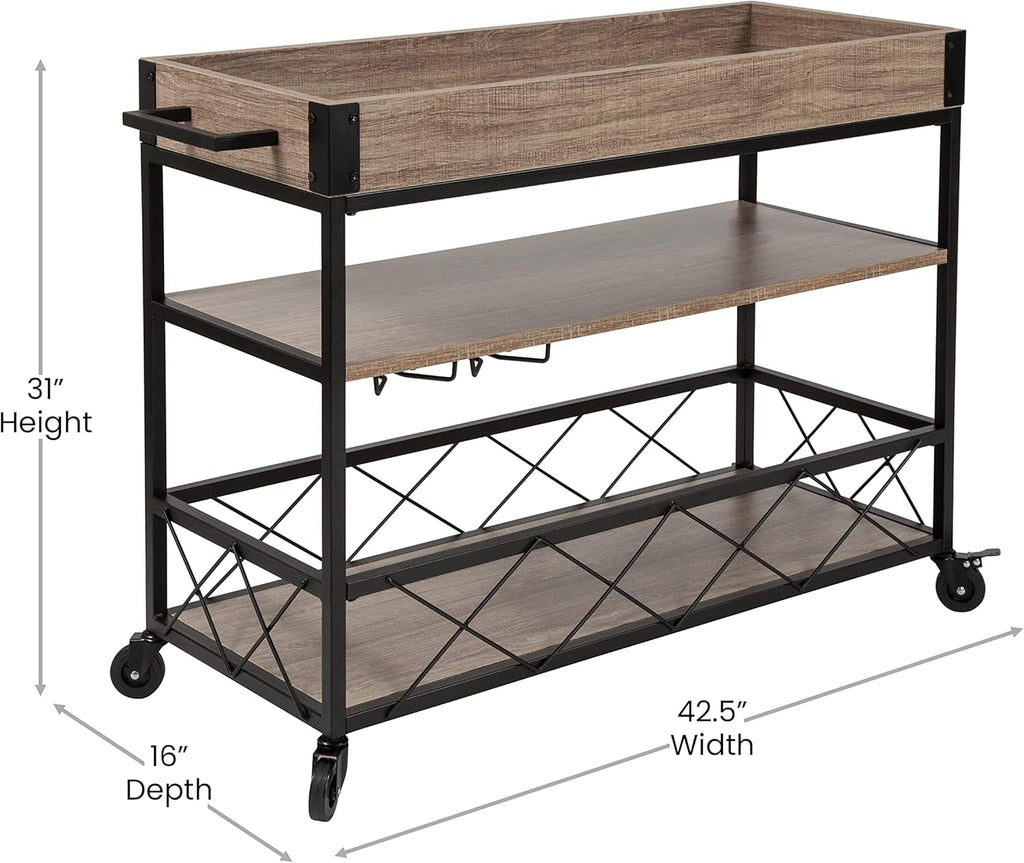 Light Oak Wood Kitchen Bar Cart with Storage Rack and Shelf O85391