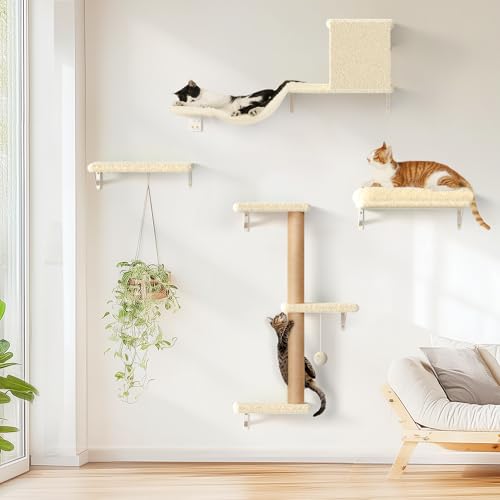 4 in 1 Wooden Cat Wall Shelves with Scratching Post E97678
