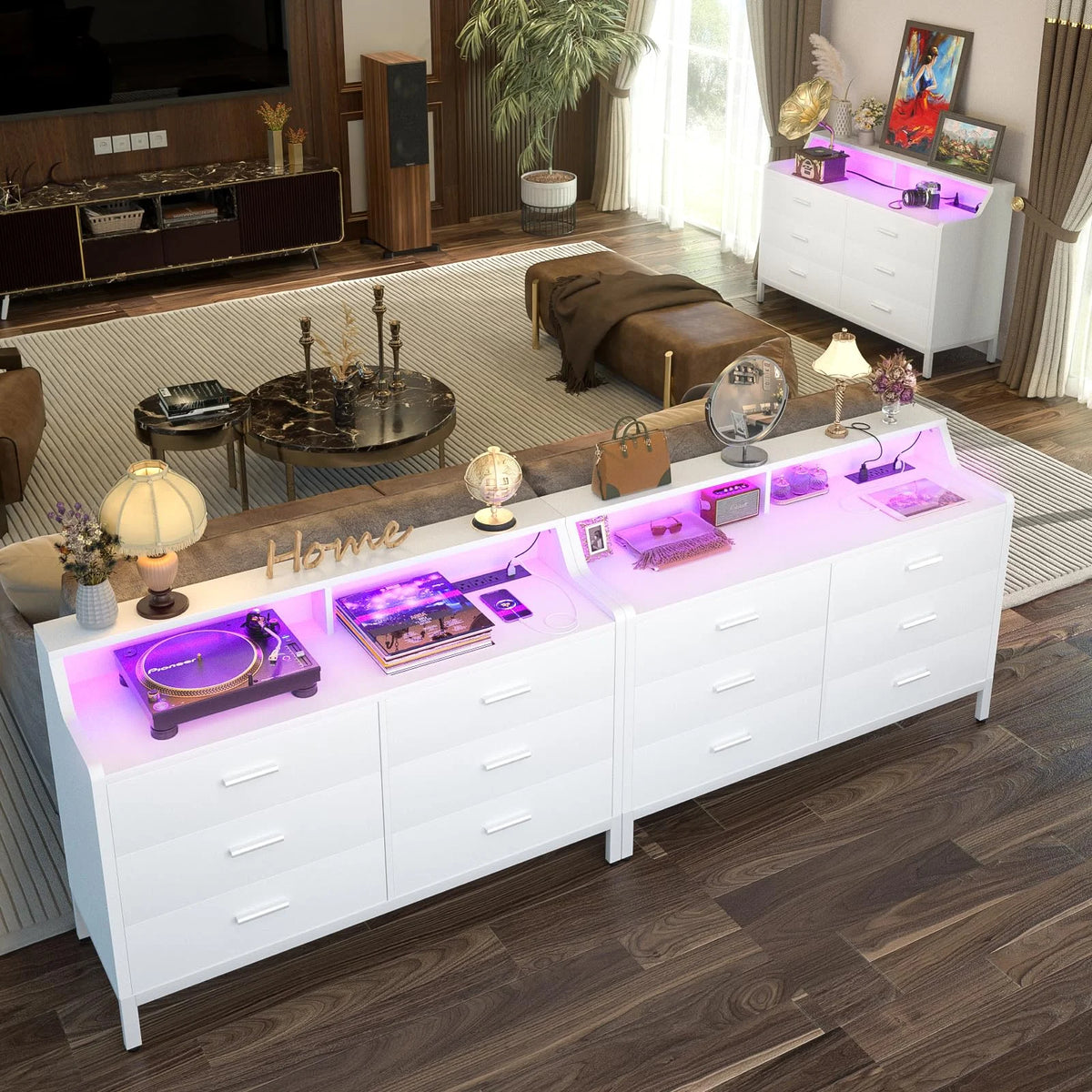 White 6 Drawer Dresser with Power Outlets and LED Light Q406809