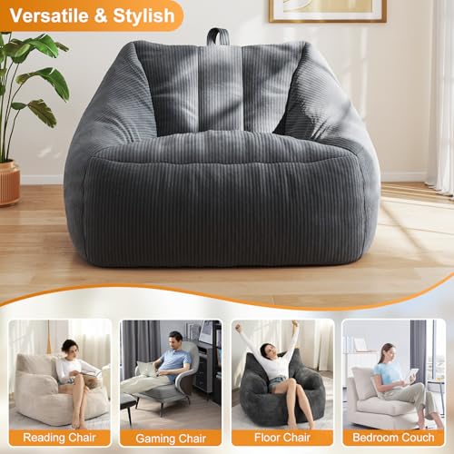 Large Comfy Corduroy Bean Bag Chair with Armrests Grey E340