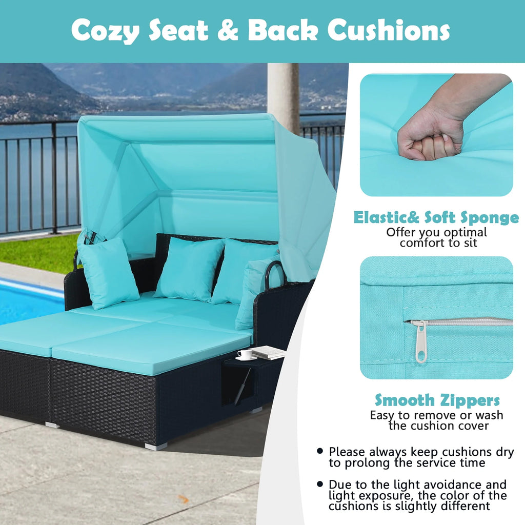 Red Rattan Daybed with Canopy and Side Tables P4558