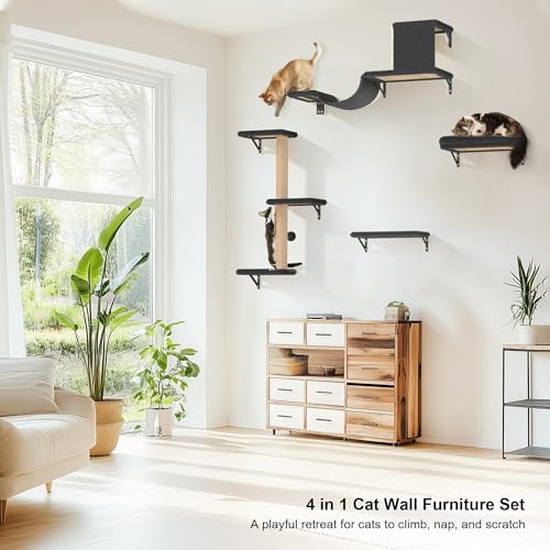 4 in 1 Wooden Cat Wall Shelves with Scratching Post E97678