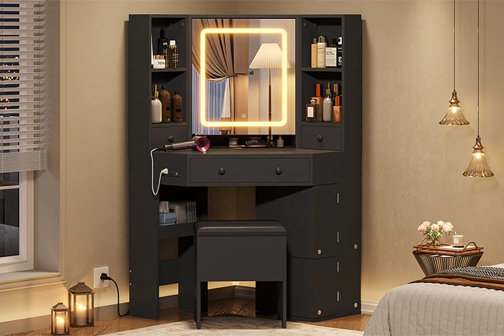 Black Corner Vanity Desk with Lighted Mirror and Storage Stool T1167