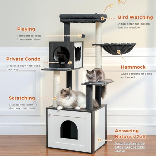 Tall Wooden Cat Tree with Litter Box Enclosure L51739