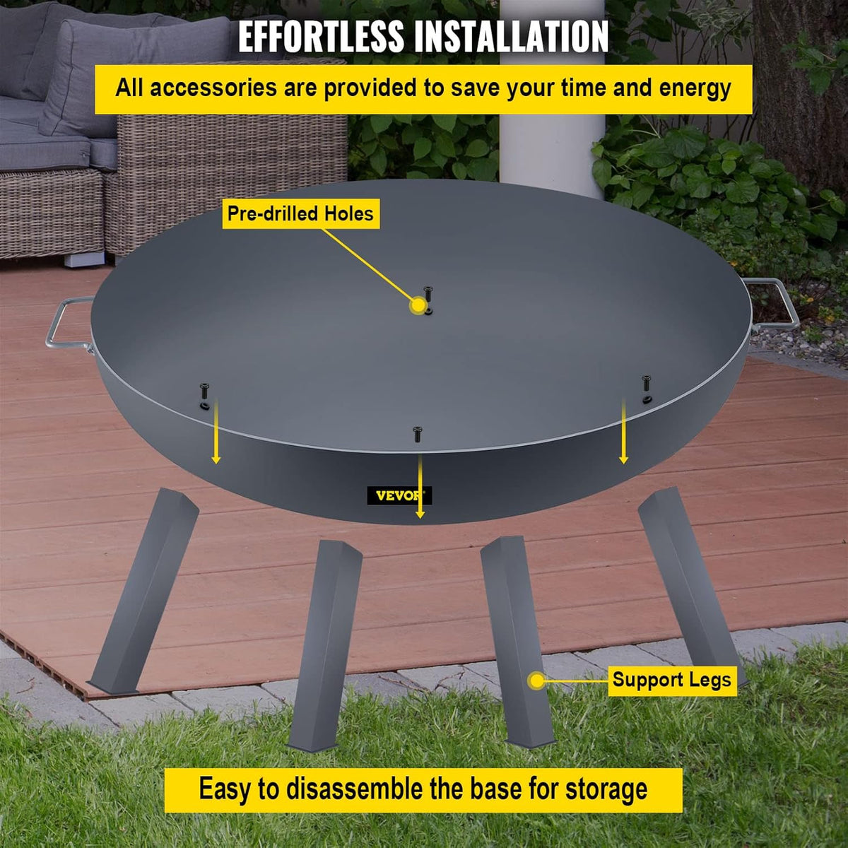 34-Inch Round Carbon Steel Wood Burning Fire Pit Bowl with Handles U4711