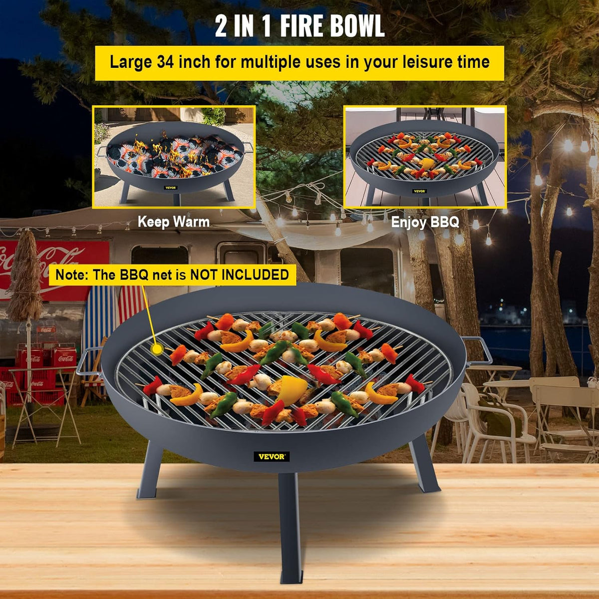 34-Inch Round Carbon Steel Wood Burning Fire Pit Bowl with Handles U4711