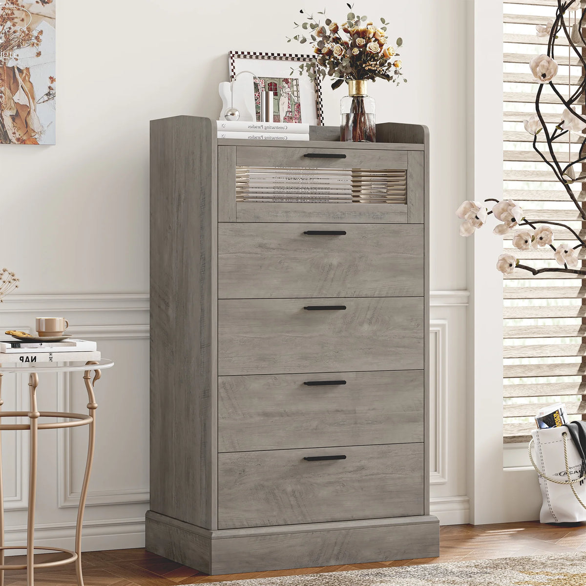 White 5 Drawer Glass Panel Wood Dresser N777321