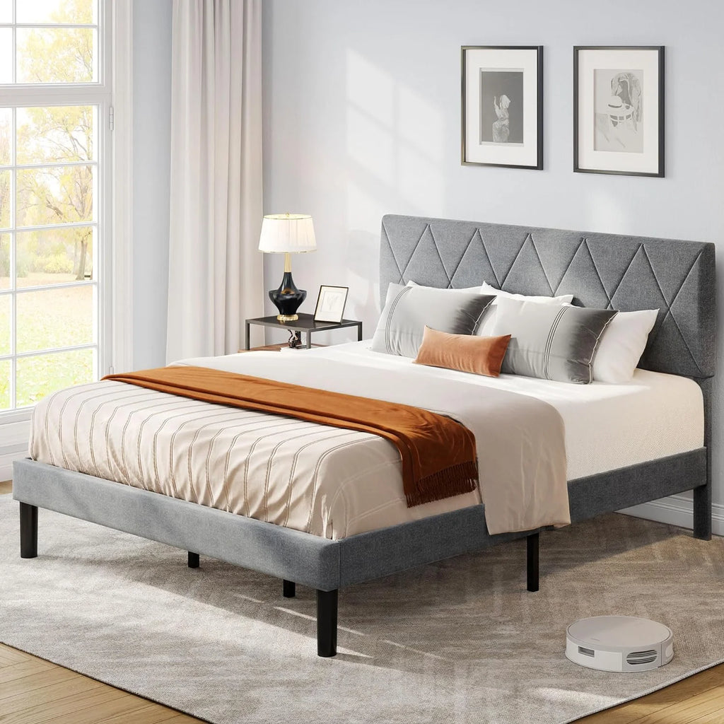 King Size Upholstered Platform Bed with Adjustable Headboard and Under-Bed Storage, Grey K658712