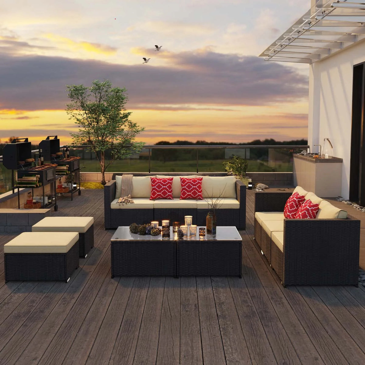 5 Pieces Patio Furniture Set with Sofas and Tempered Glass Coffee Table K2785