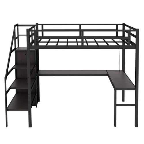 Twin XL Black Metal Loft Bed with Desk U8572